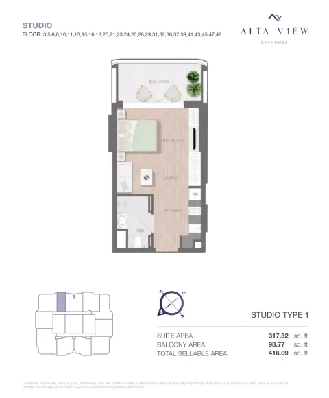 Floor plan, Studio, 416 sq ft