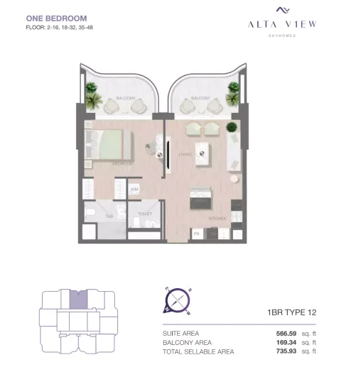 Floor plan, 1 Bed, 735 sq ft