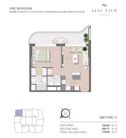 Floor plan, 1 Bed, 719 sq ft