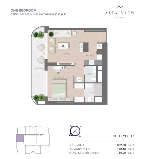Floor plan, 1 Bed, 735 sq ft