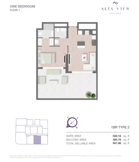 Floor plan, 1 Bed, 947 sq ft