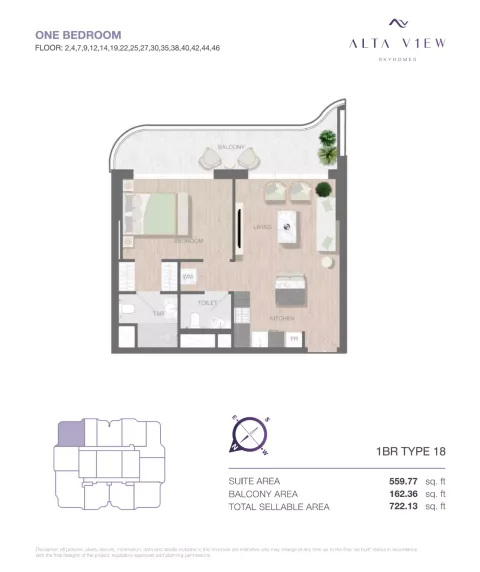 Floor plan, 1 Bed, 722 sq ft