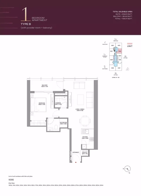 Floor plan, 1 Bed, 729 sq ft