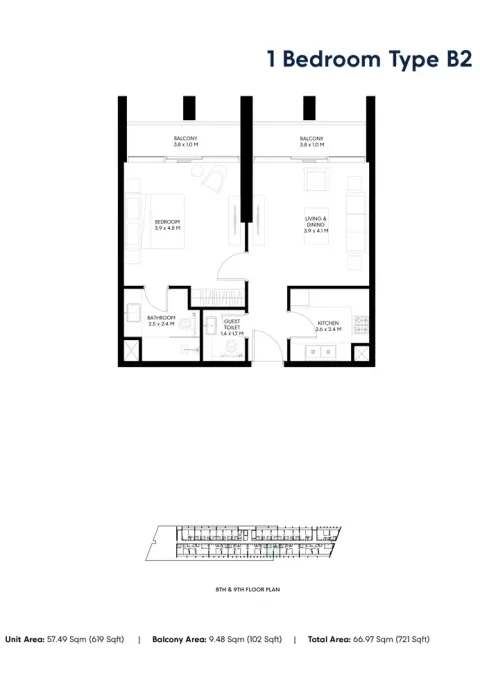 Floor plan, 1 Bed, 721 sq ft