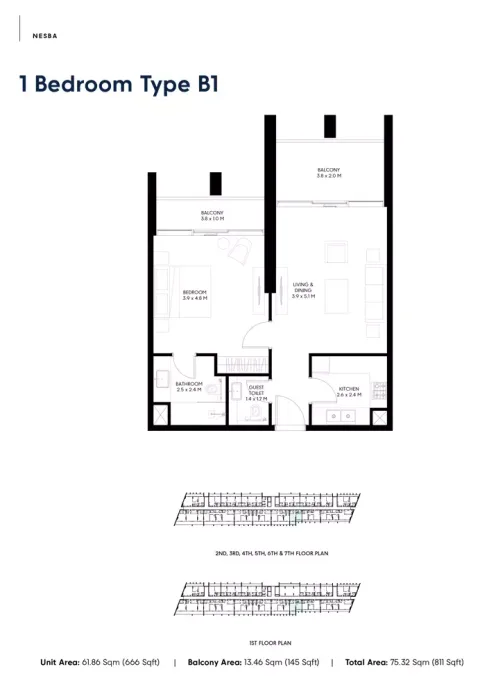 Floor plan, 1 Bed, 811 sq ft