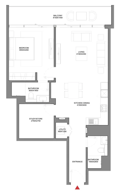 Floor plan, 1 Bed, 1,036 sq ft