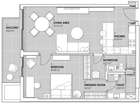 Floor plan, 1 Bed, 879 sq ft