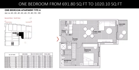 Floor plan, 1 Bed, 1,020 sq ft