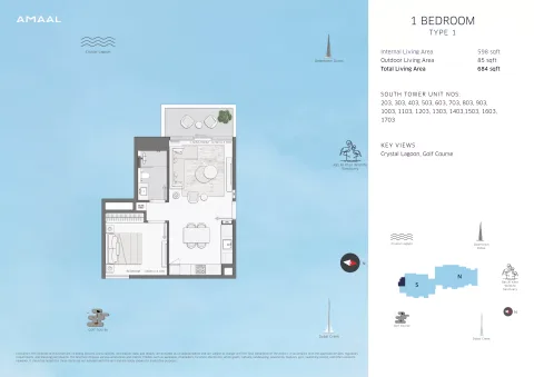 Floor plan, 1 Bed, 684 sq ft