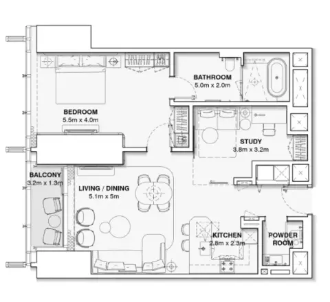 Floor plan, 2 Beds, 991 sq ft