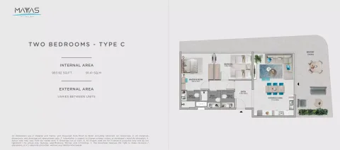 Floor plan, 2 Beds, 983 sq ft