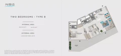 Floor plan, 2 Beds, 864 sq ft