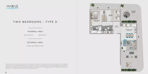 Floor plan, 2 Beds, 954 sq ft
