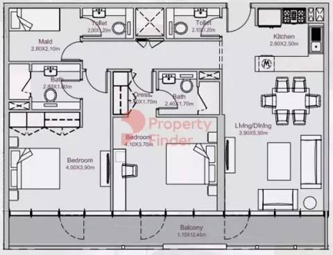 Floor plan, 2 Beds, 1,260 sq ft