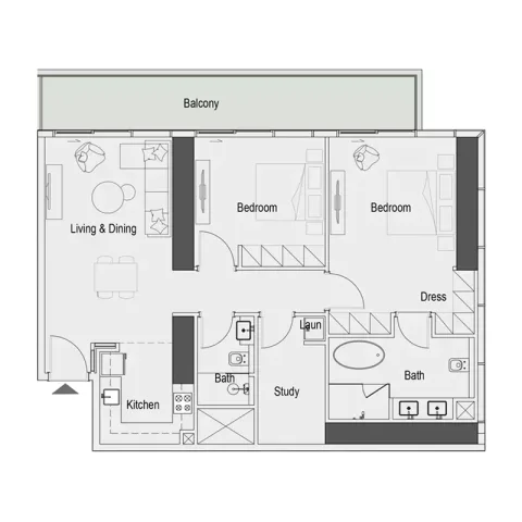 Floor plan, 3 Beds, 1,264 sq ft