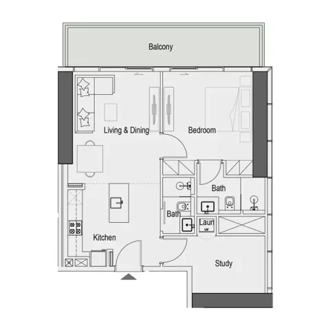 Floor plan, 2 Beds, 888 sq ft