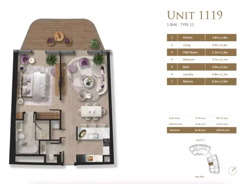 Floor plan, 1 Bed, 1,005 sq ft