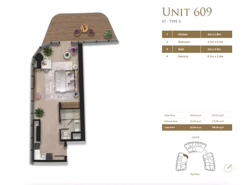 Floor plan, Studio, 708 sq ft