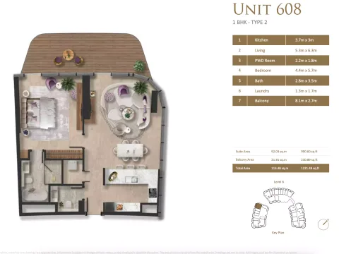 Floor plan, 1 Bed, 1,221 sq ft