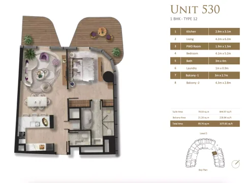 Floor plan, 1 Bed, 1,073 sq ft