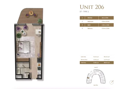 Floor plan, Studio, 580 sq ft