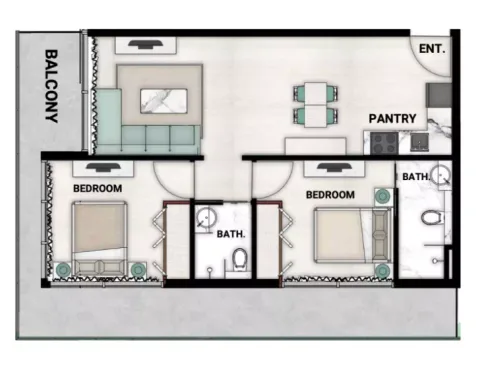 Floor plan, 2 Beds, 916 sq ft