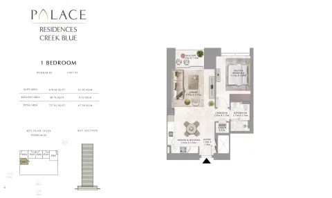 Floor plan, 1 Bed, 727 sq ft