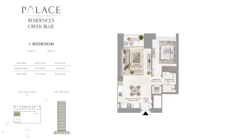 Floor plan, 1 Bed, 727 sq ft