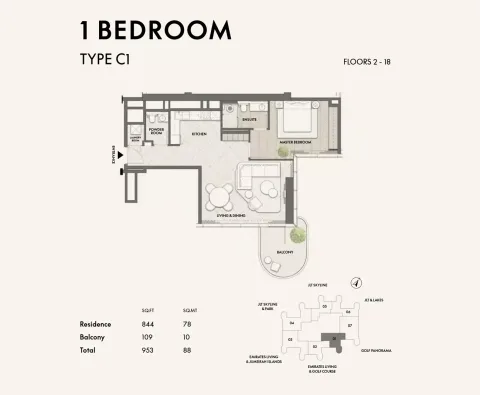 Floor plan, 1 Bed, 953 sq ft