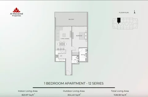 Floor plan, 1 Bed, 1,128 sq ft
