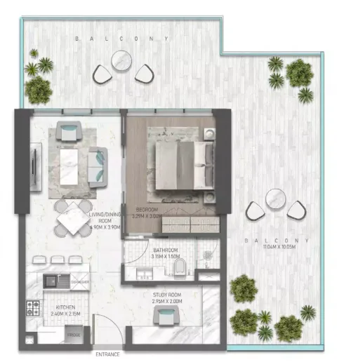 Floor plan, 1 Bed, 1,019 sq ft