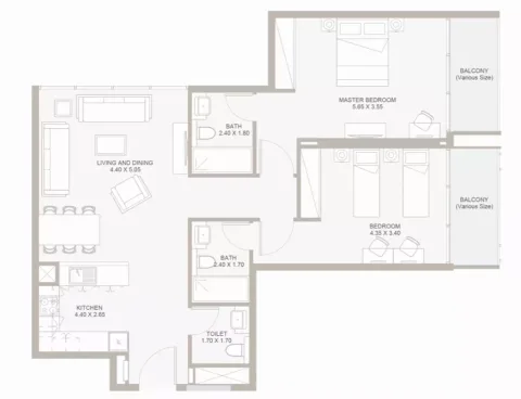 Floor plan, 2 Beds, 1,136 sq ft