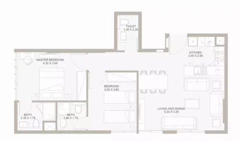 Floor plan, 2 Beds, 813 sq ft