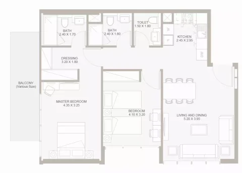 Floor plan, 2 Beds, 997 sq ft