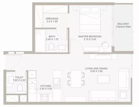 Floor plan, 1 Bed, 643 sq ft