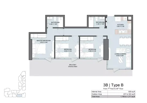 Floor plan, 3 Beds, 1,271 sq ft