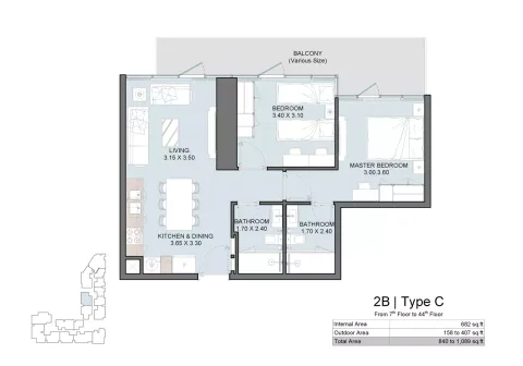 Floor plan, 2 Beds, 1,089 sq ft