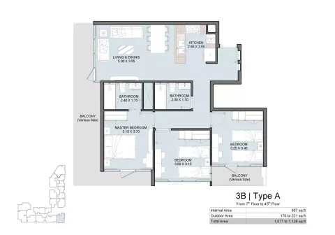 Floor plan, 3 Beds, 1,128 sq ft