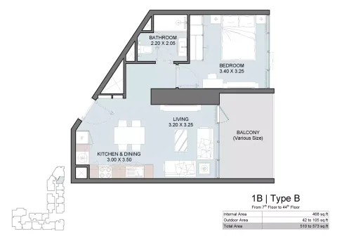 Floor plan, 1 Bed, 573 sq ft