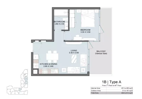 Floor plan, 1 Bed, 612 sq ft