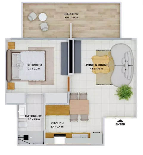 Floor plan, 1 Bed, 480 sq ft