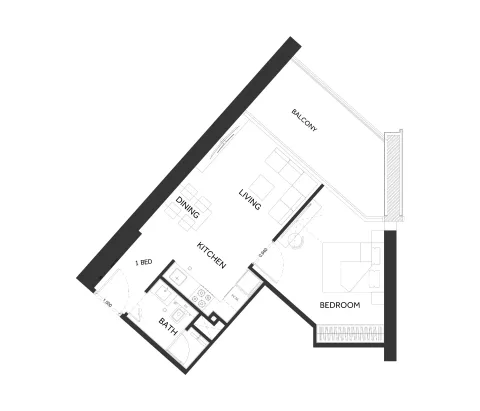 Floor plan, 1 Bed, 654 sq ft