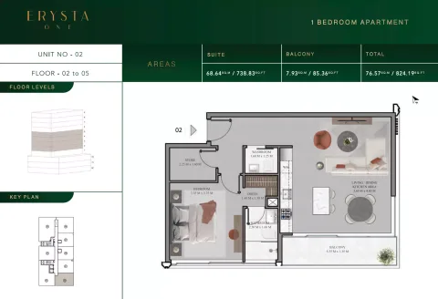 Floor plan, 1 Bed, 824 sq ft
