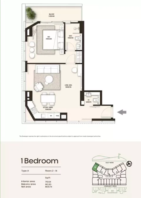 Floor plan, 1 Bed, 803 sq ft