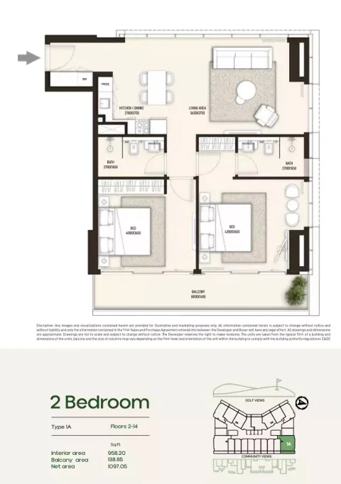 Floor plan, 2 Beds, 1,097 sq ft
