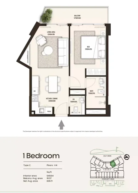 Floor plan, 1 Bed, 639 sq ft