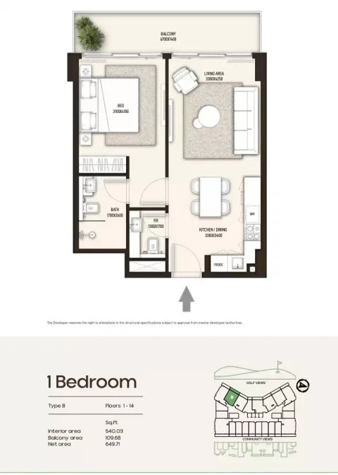 Floor plan, 1 Bed, 649 sq ft