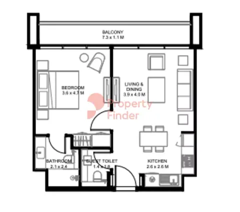 Floor plan, 1 Bed, 672 sq ft