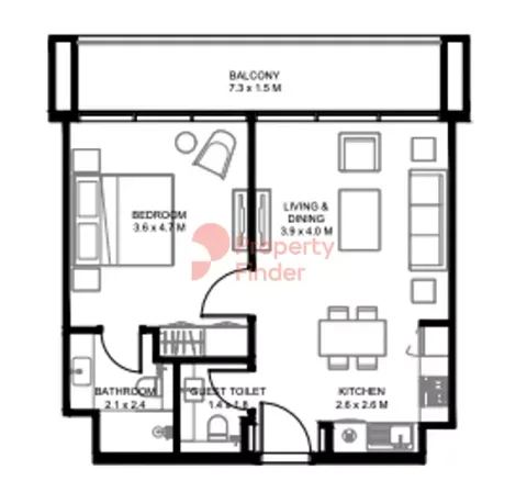 Floor plan, 1 Bed, 698 sq ft
