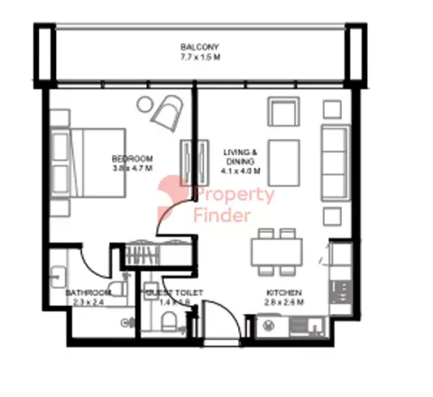 Floor plan, 1 Bed, 741 sq ft